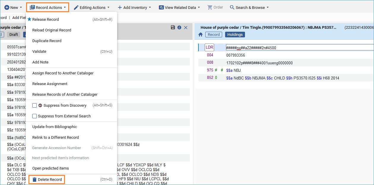 Screenshot Delete Holdings Record