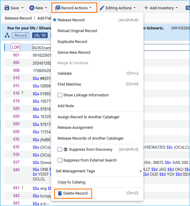 Screenshot delete bibliographic record