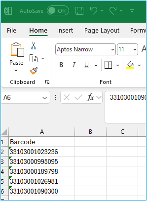 Screenshot of Excel sheet with barcodes