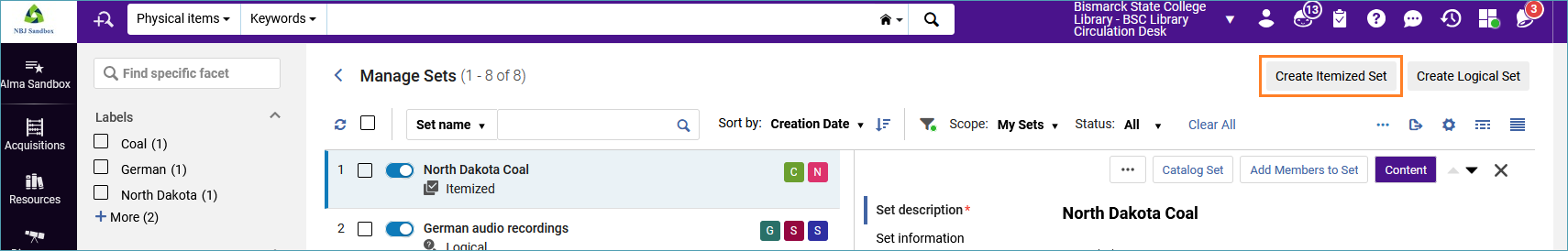 Screenshot create itemized set button