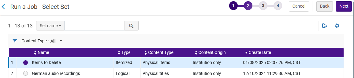 Screenshot of select set for job