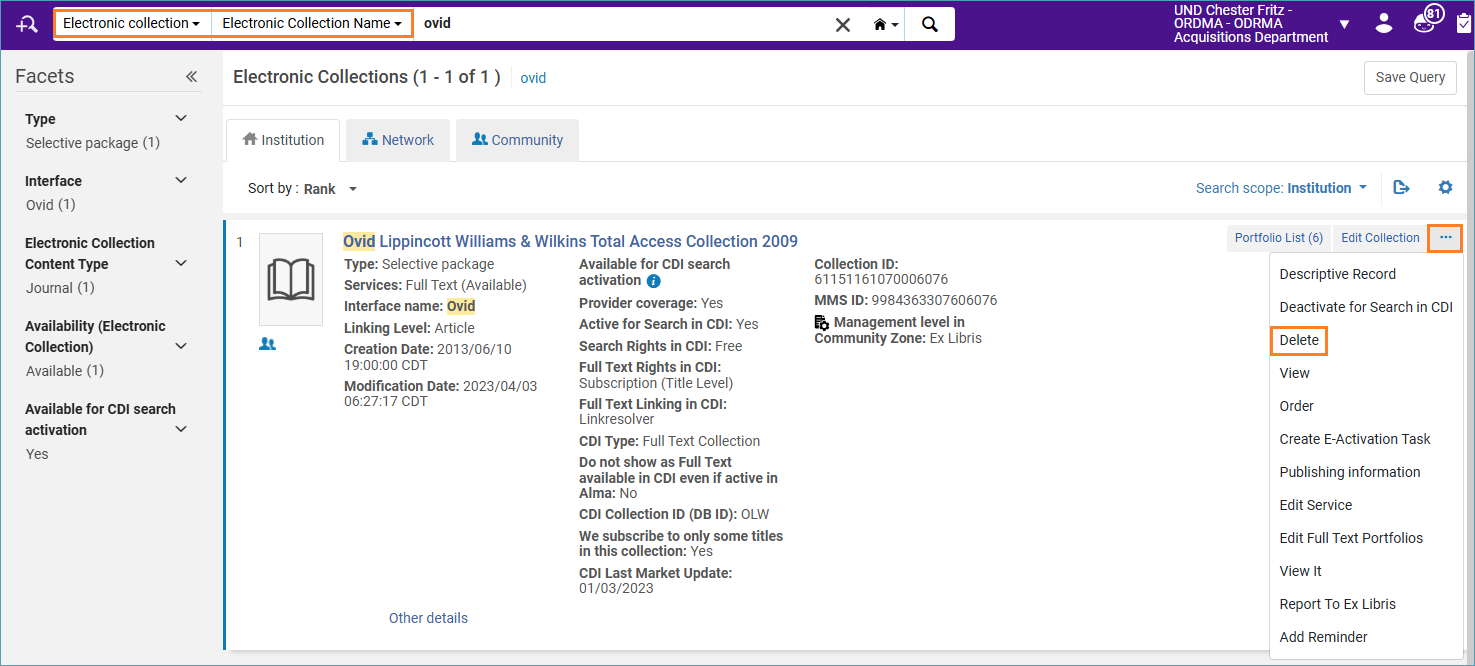 Screenshot Electronic Collection delete