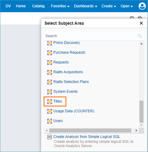 Screenshot of titles subject area