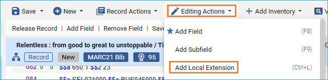 Screenshot of Editing Actions menu with Add local extension selected