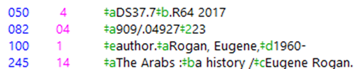 Image of a heading with subfields out of order