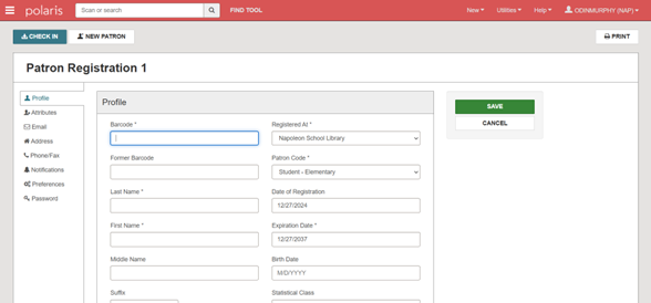 Patron registration workform