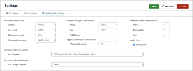 Workform user defaults