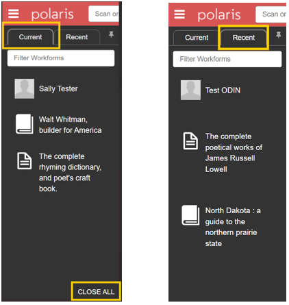 Current and Recent tabs