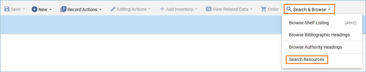 A screenshot of the search & browse menu with search resources selected