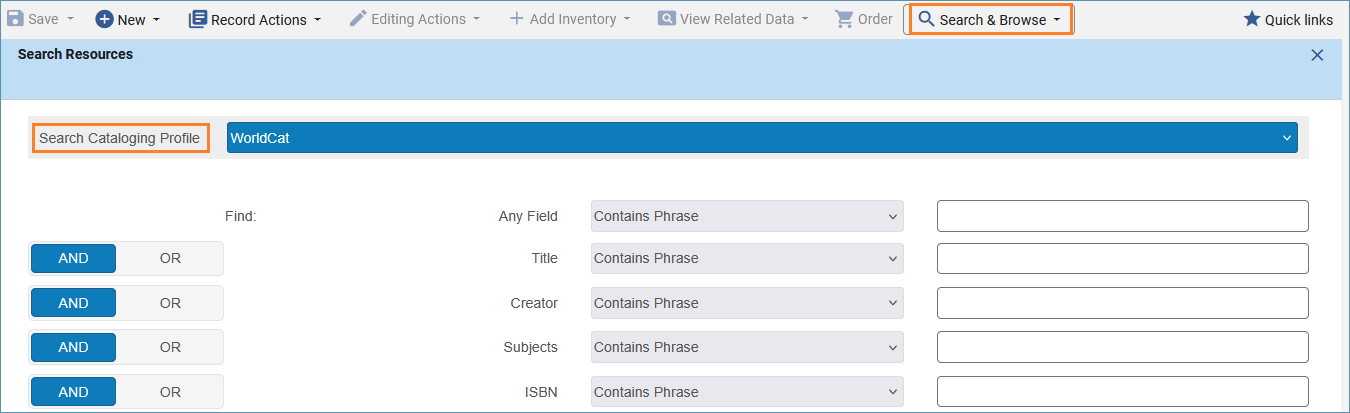 A screenshot of Search Resources screen with search cataloging profile outlined in orange.