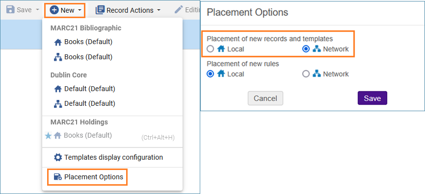 A screenshot of placement options with Network selected
