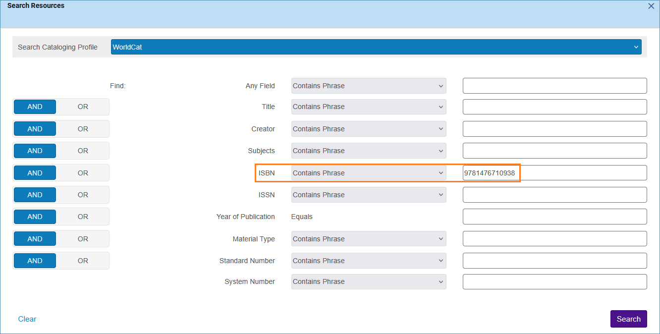 A screenshot of an ISBN search