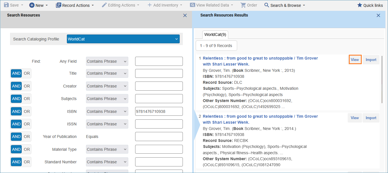A screenshot of search results in the right pane of the metadata editor with the view button outlined in orange.