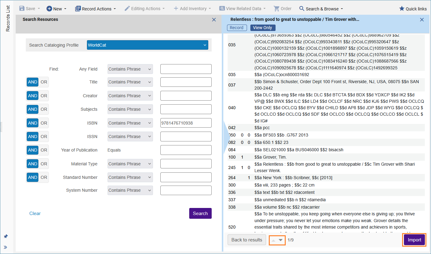 A screenshot of viewing record and navigation arrows outlined with an orange line.