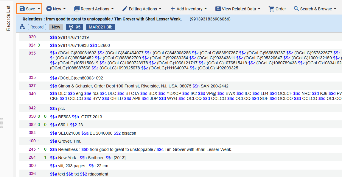 A screenshot of a bibliographic record open in the Metadata editor with the Save menu outlined in orange.