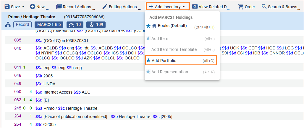 Image of Add Inventory menu with Add Portfolio selected