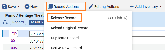 Image of Record Actions menu with Release Record selected