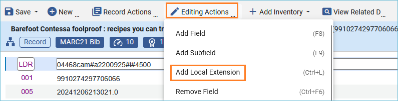 Image of menu Editing Actions with Add Local Extension selected