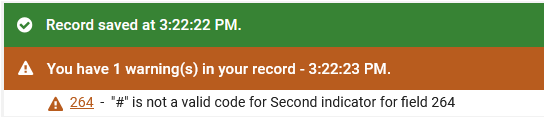 Image of alerts from verifying the record when it is saved