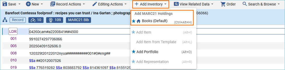 Image of Add Inventory menu with Books holdings selected