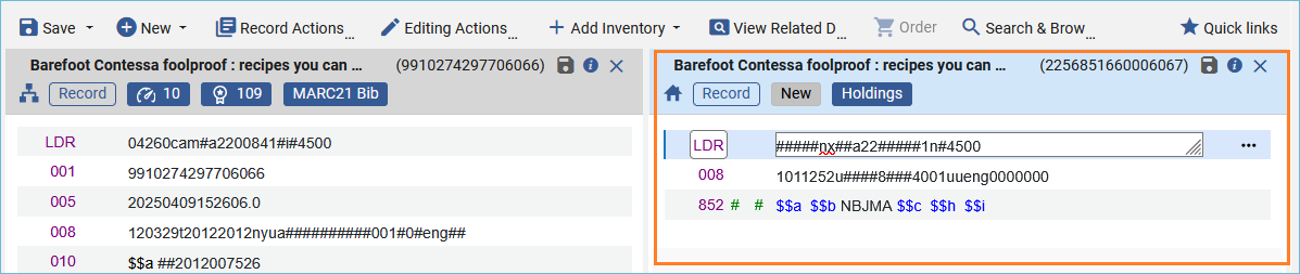 Image of Holdings record on the right of a split screen in the metadata editor