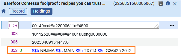 Image of the 852 field highlighted in the holdings record
