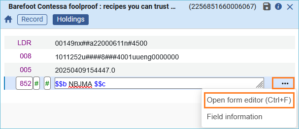 Image of 852 Row action menu with Open Form editor selected