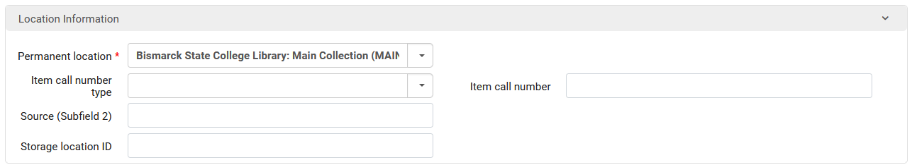 Image of the Location box of the item record work form