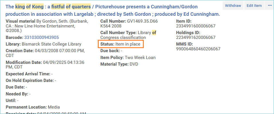 Image of item record in search results with status highlighted