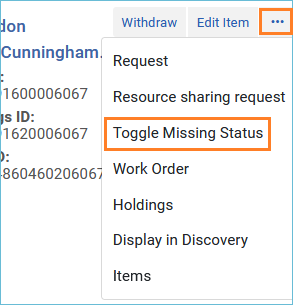Image of row action menu with toggle missing status selected