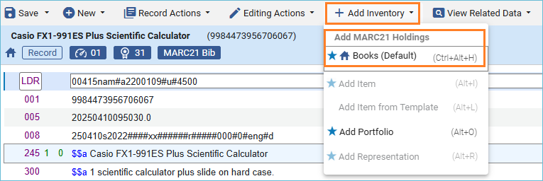 Image of add inventory menu with books default holdings selected