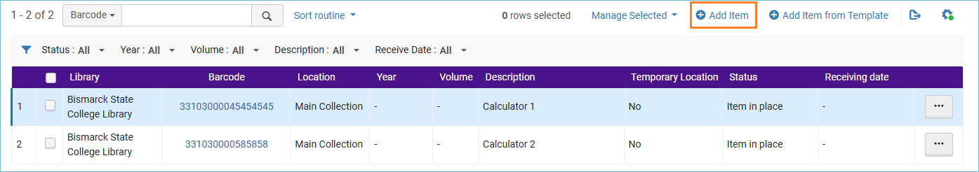 Screenshot of item list with add item highlighted
