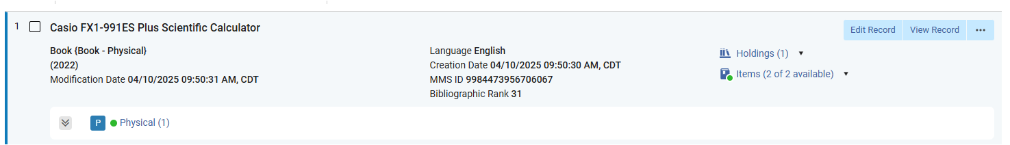 Image of new bibliographic record in Alma