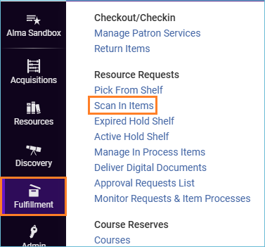 Image of the fulfillment menu with scan in items highlighted