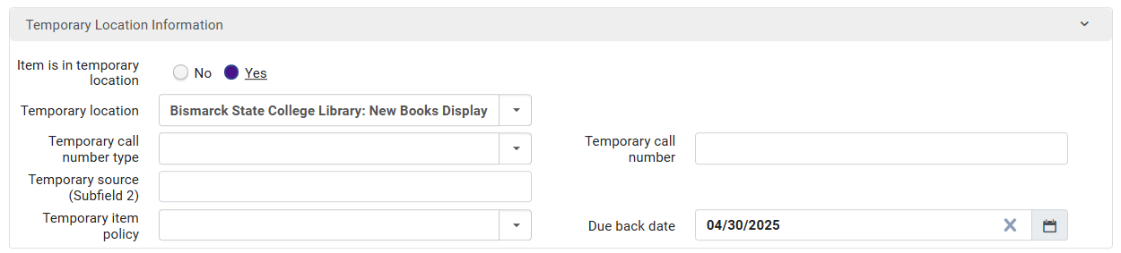 Image of temporary location information in item record creation
