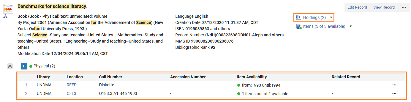 Image of title record showing two holdings records