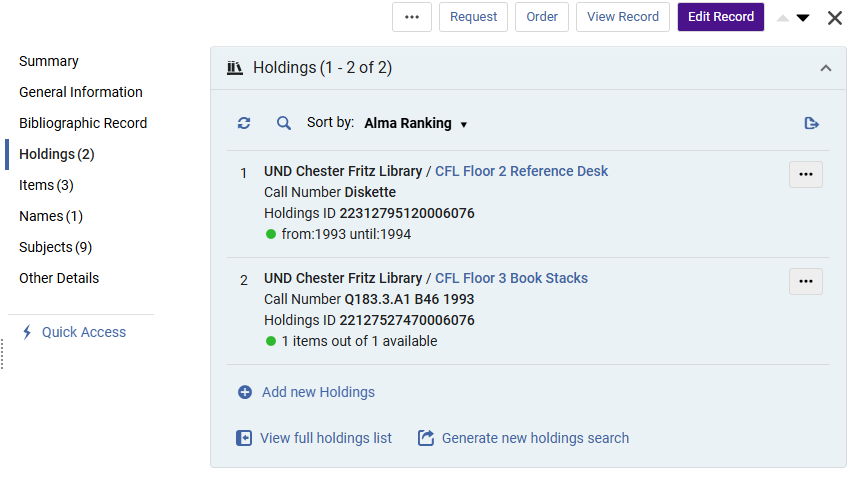 Image of the split view showing the two holdings records