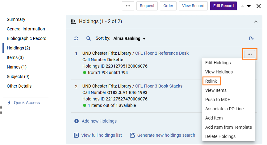 Image of the row actions menu showing relink option is selected