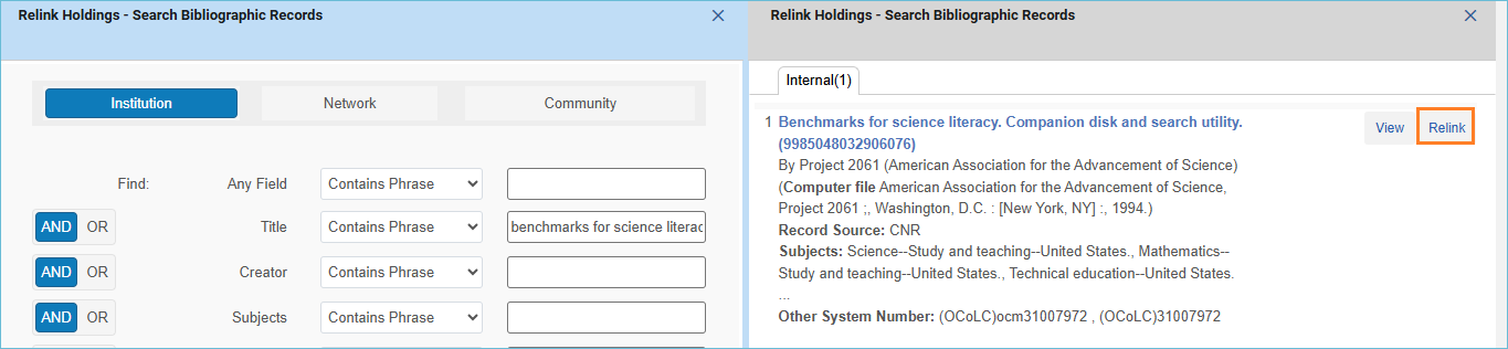 Image of search result and the relink button