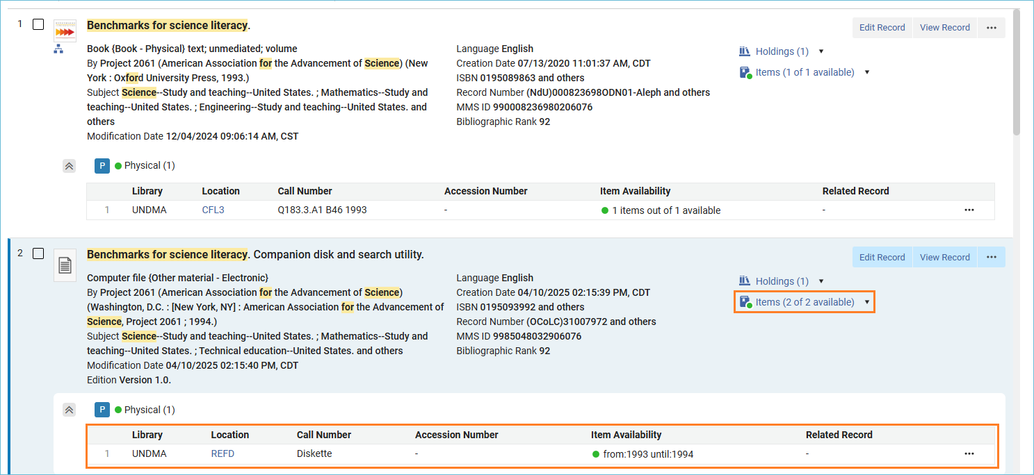 Image of holdings record in Alma search results