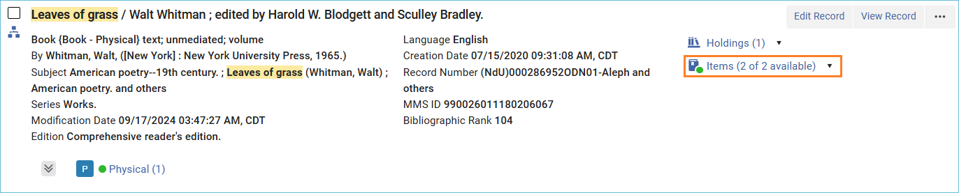 Image of the title record with the items link highlighted