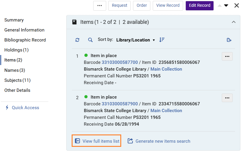 Image of split view showing item records and link to view full list highlighted