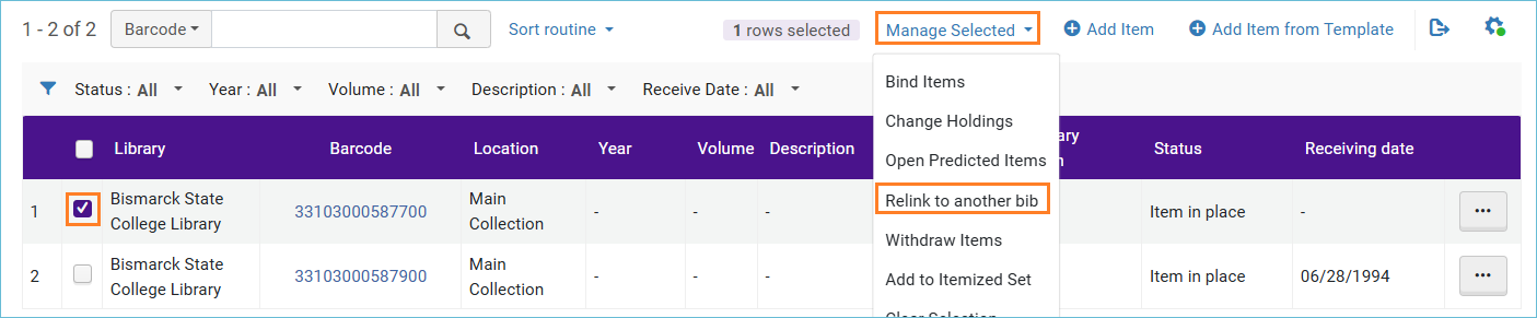 Image of Manage selected menu with relink to another bib highlighted