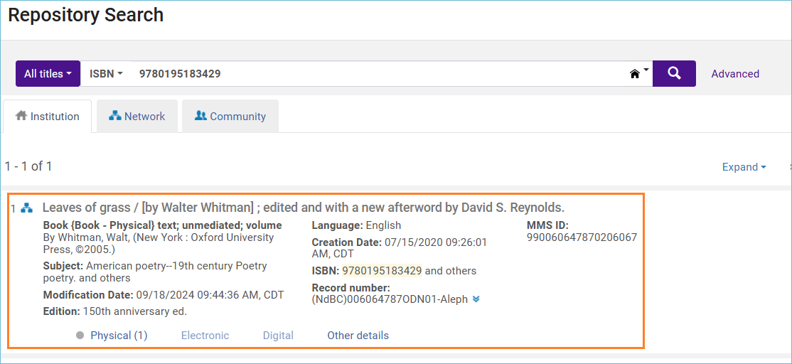 Image of the bib record search results
