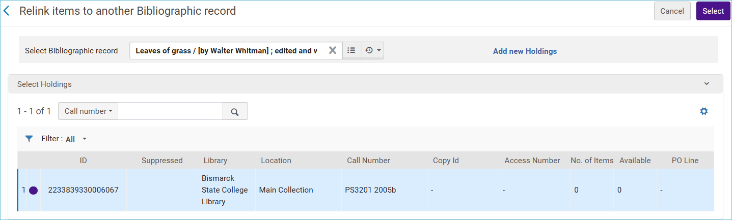 Image of work form to select the holdings record