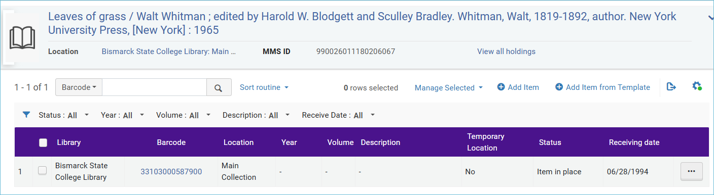 Image of item attached to new bib record