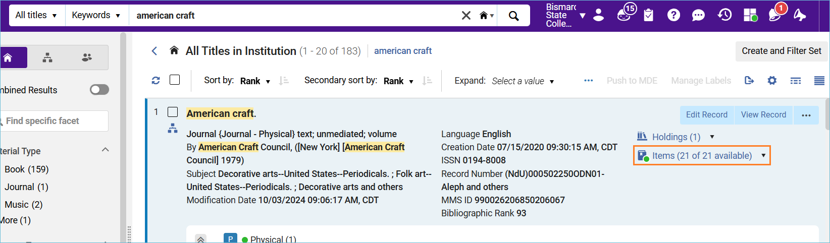 Image of title search and items link on right side of record