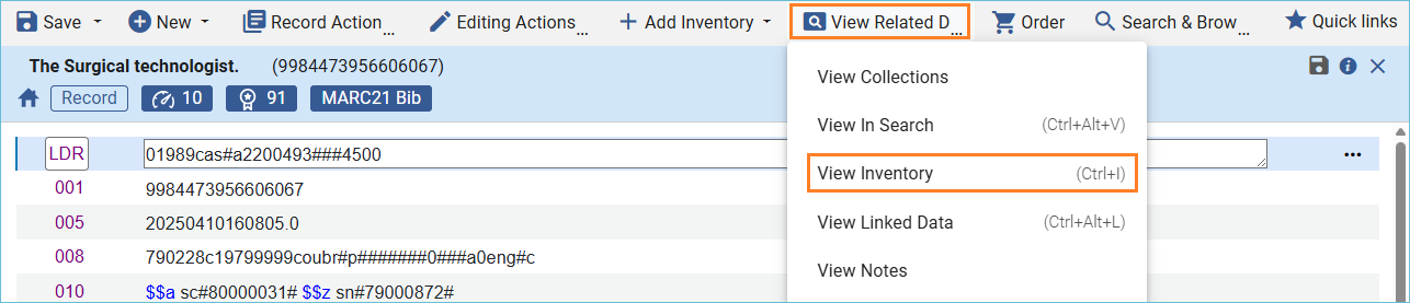 Image of View related data menu with view inventory selected