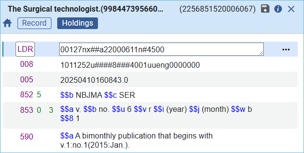 Image of the updated holdings record