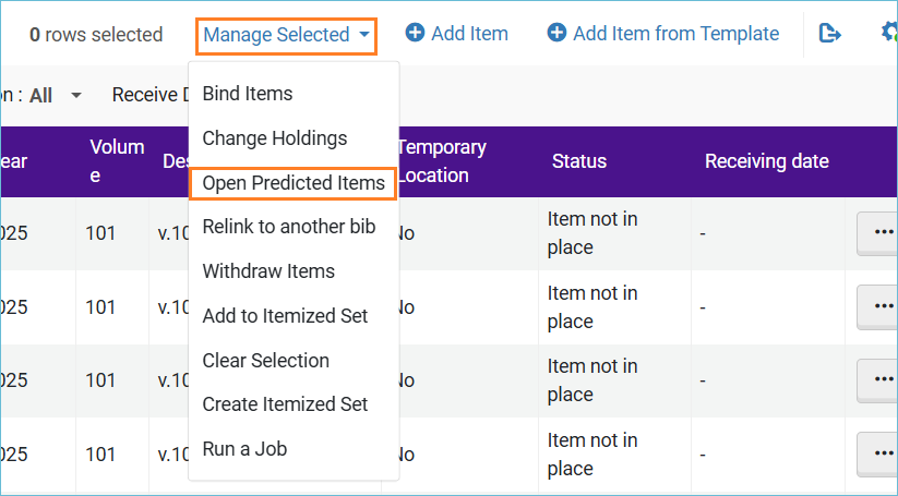Image of opening predicted issues from the items list